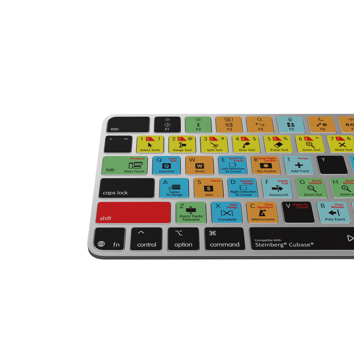 Close-up of colour-coded Cubase shortcut keys on an Editors Keys Apple Magic Keyboard, US layout