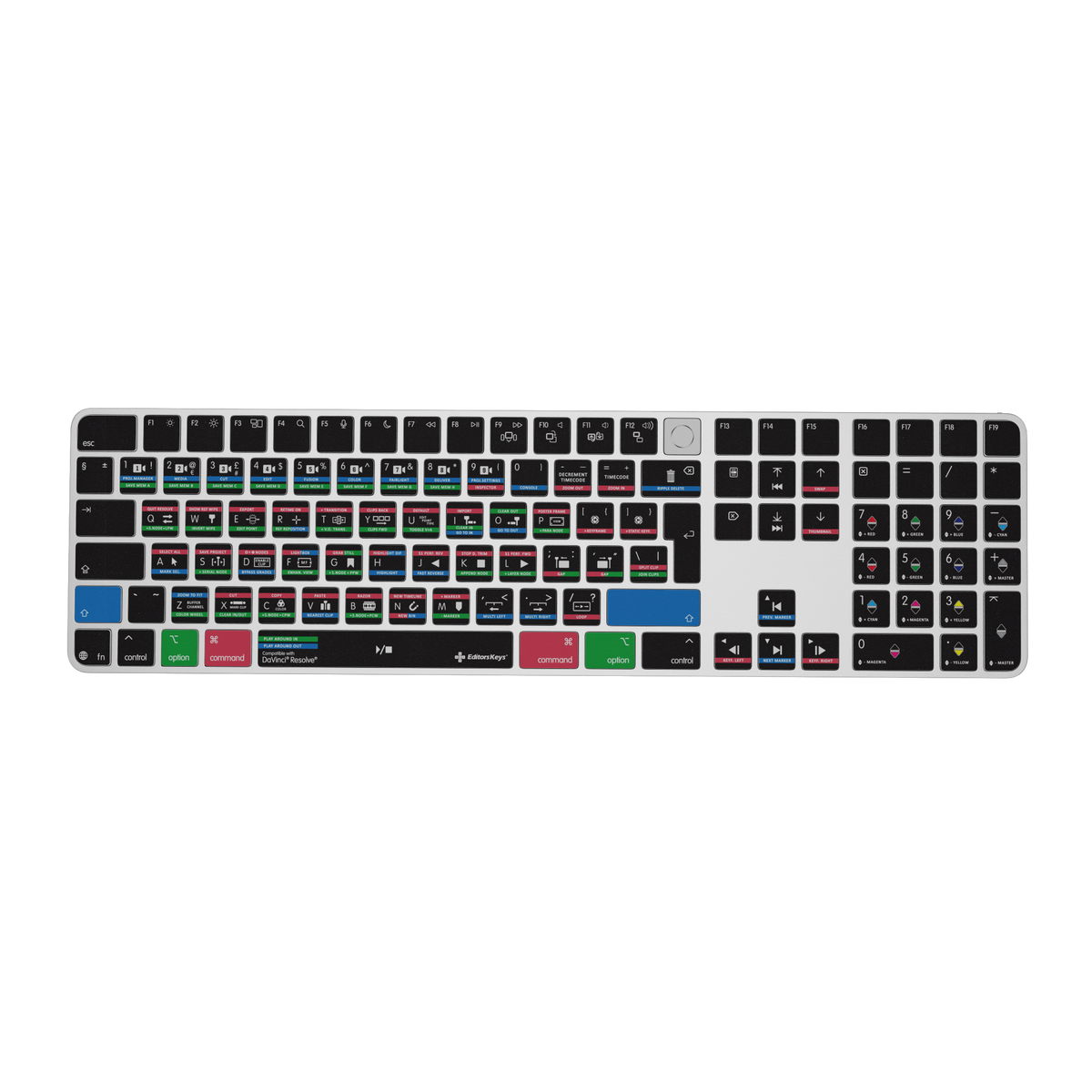 DaVinci Resolve keyboard by Editors Keys: Apple Magic Keyboard with Touch ID & Numeric Keypad, UK layout, top view