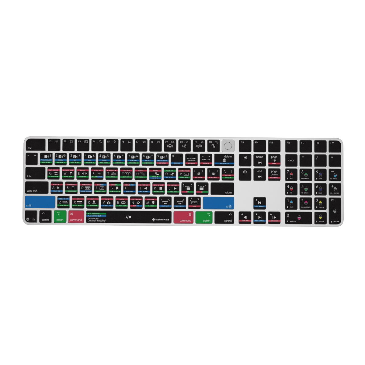 DaVinci Resolve keyboard by Editors Keys: Apple Magic Keyboard with Touch ID & Numeric Keypad, US layout, top view