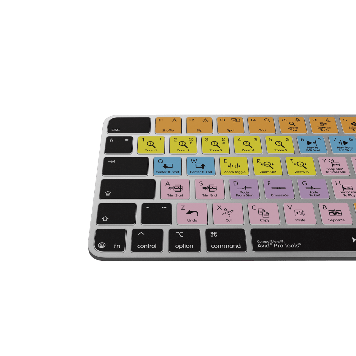 Colour-coded Avid Pro Tools shortcut keys on an Editors Keys Apple Magic Keyboard with Touch ID