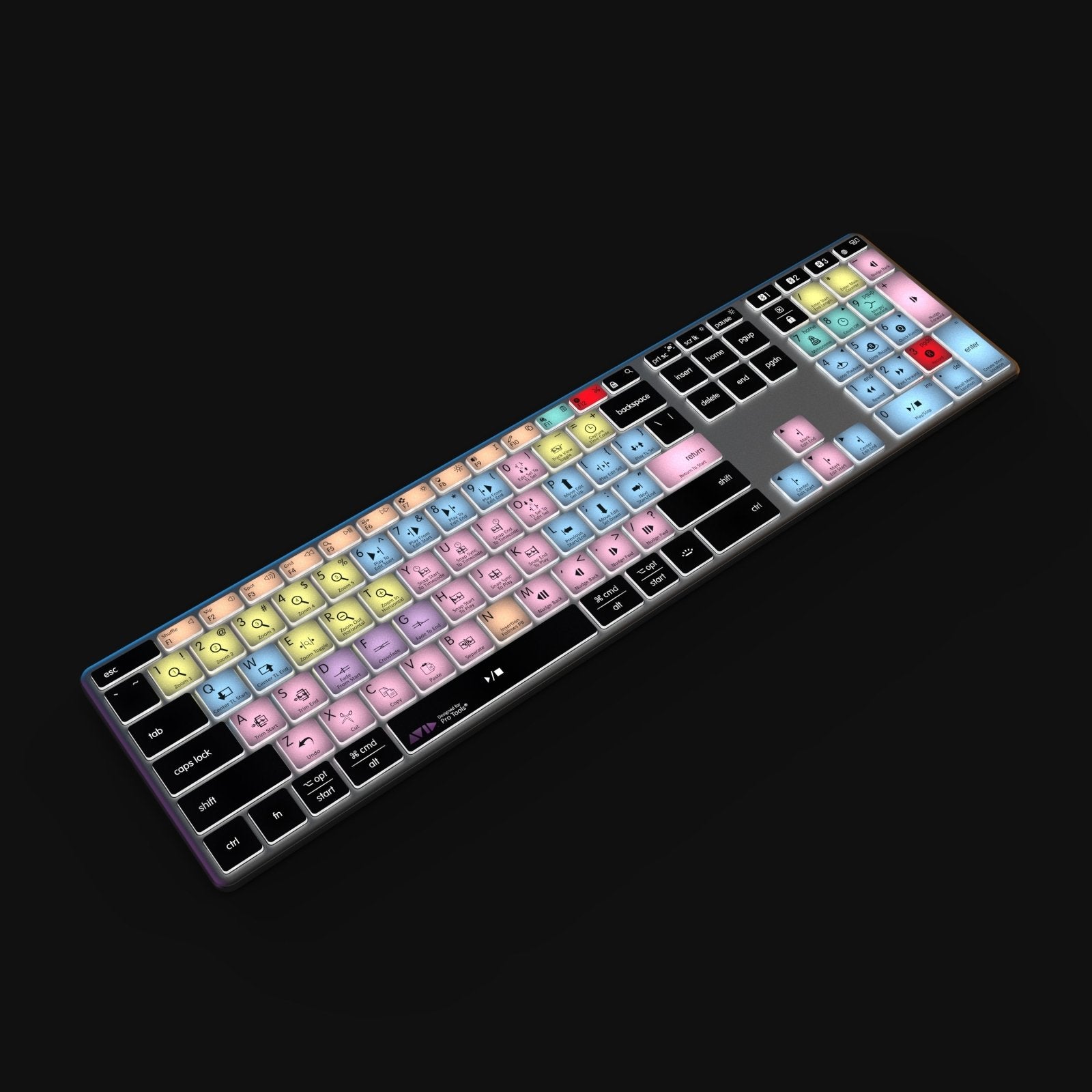 High-angle shot of the Pro Tools Keyboard on a modern workspace