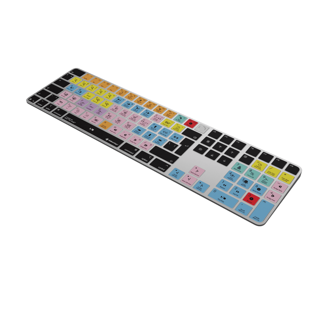 Editors Keys Pro Tools shortcut keyboard with colour-coded keys on a genuine Apple Magic Keyboard