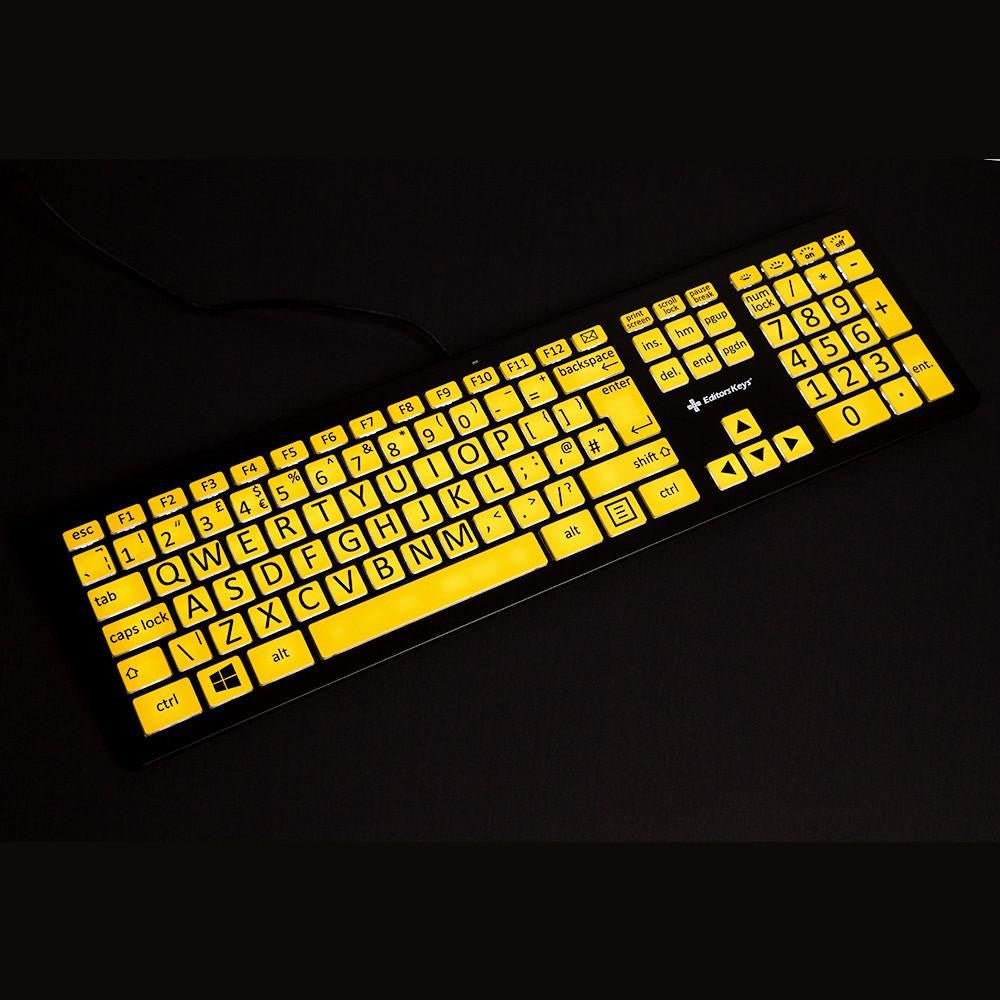 Side View of Large Print Backlit Keyboard Showcasing Key Height, Black and Yellow